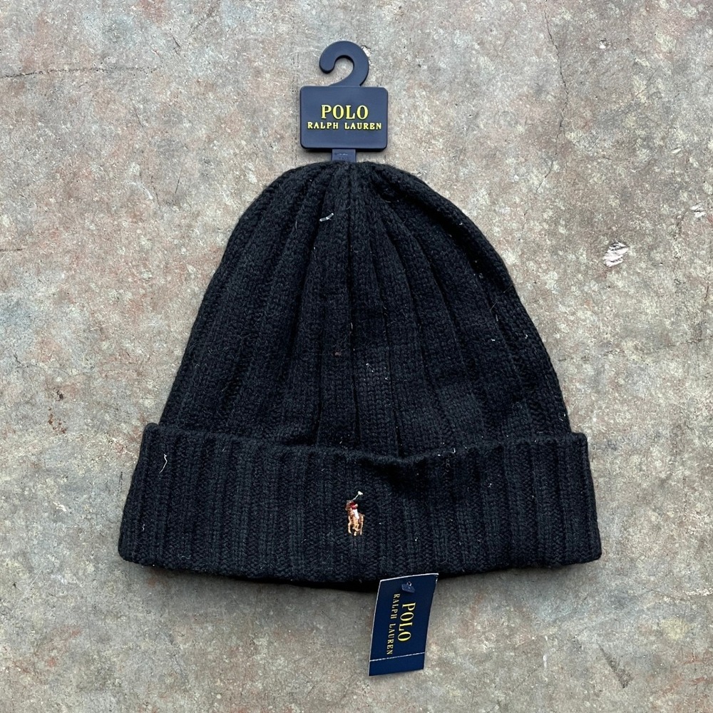 NWT! Polo Ralph Lauren Mens Ribbed Knit Beanie Black Wool Blend Hat PP0054 NEW